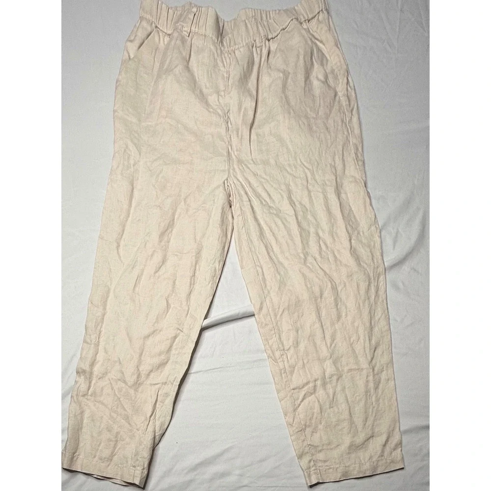 Quince 100% European Linen Wide Leg Pants Oatmeal Beige Medium T7